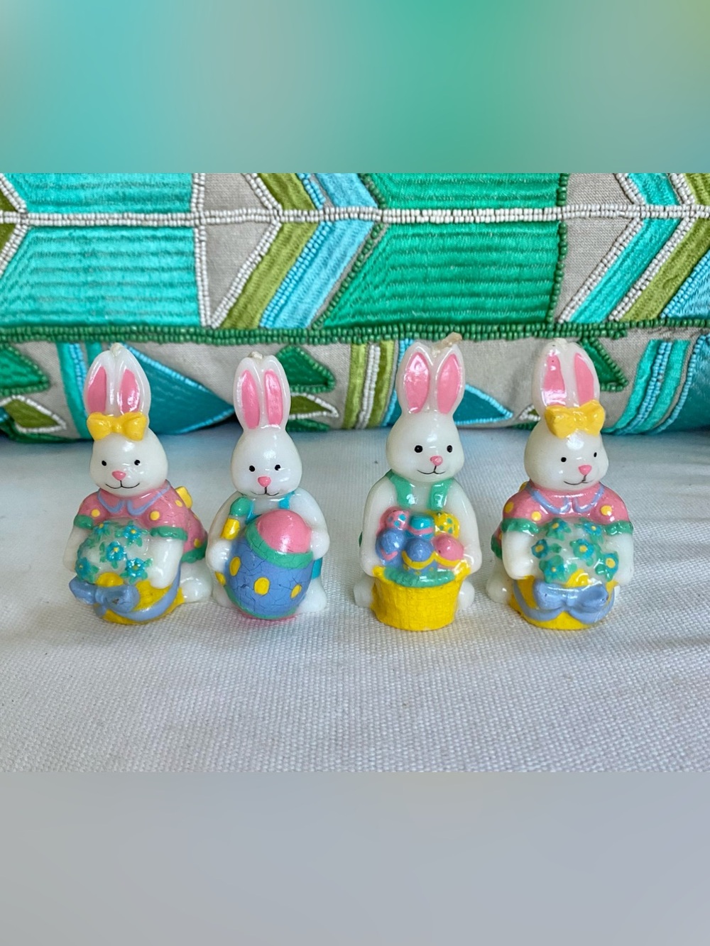 VTG Easter Bunny Rabbit Candles Basket Eggs Flowers set of 4 boy girl